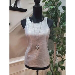Calvin Klein Women Gray Metallic Zipper Back Round Neck Sleeveless Top Blouse XS